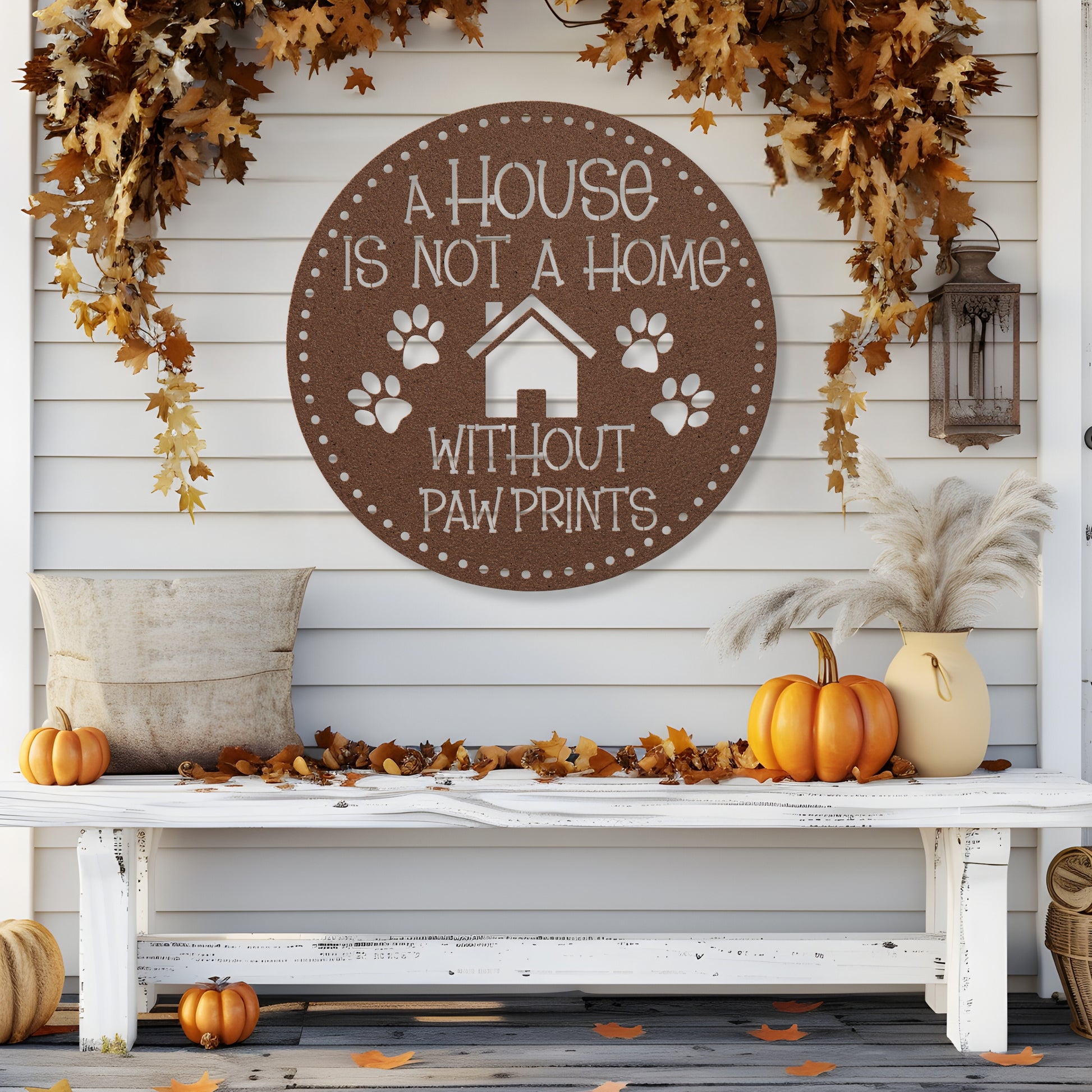 A House is Not a Home Without Paw Prints’ metal sign, durable 18-gauge steel wall decor for pet lovers, available in Black, Red, White, Copper, or Silver, perfect for indoor or outdoor display.-shown in copper.