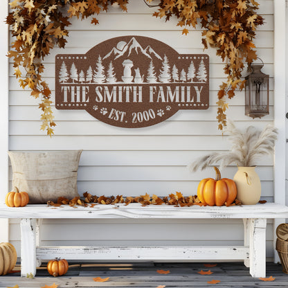 Happy pets in the mountains customizable metal sign, personalized with family name and est. date, durable 18-gauge steel, perfect pet-themed decor for indoor or outdoor display. Shown in Copper.