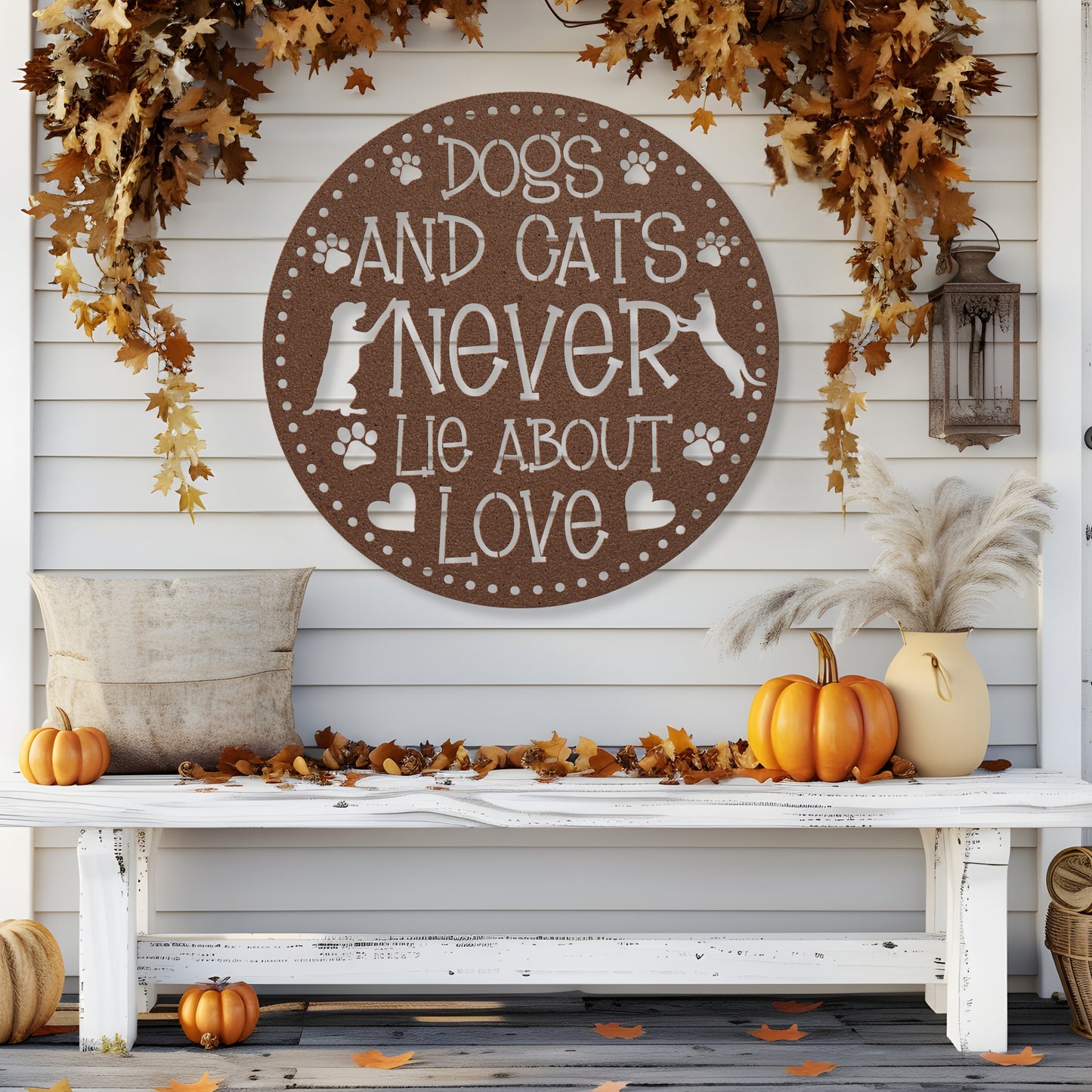 Dogs and Cats Never Lie About Love’ metal sign featuring a loving dog and cat, durable 18-gauge steel wall decor for pet lovers, suitable for indoor or outdoor display. Shown in Copper.