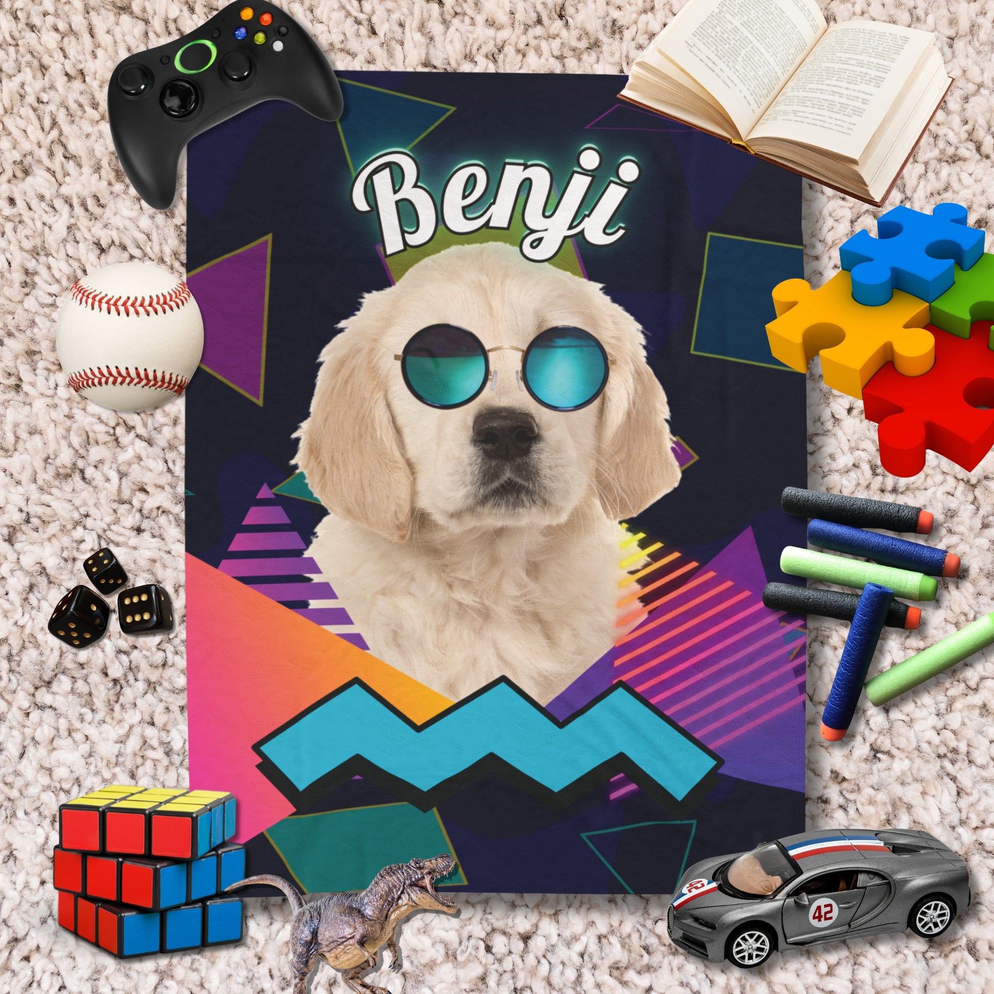 Retro personalized dog blanket featuring name Benji, styled with sunglasses and neon shapes, surrounded by colorful kids’ toys on carpet