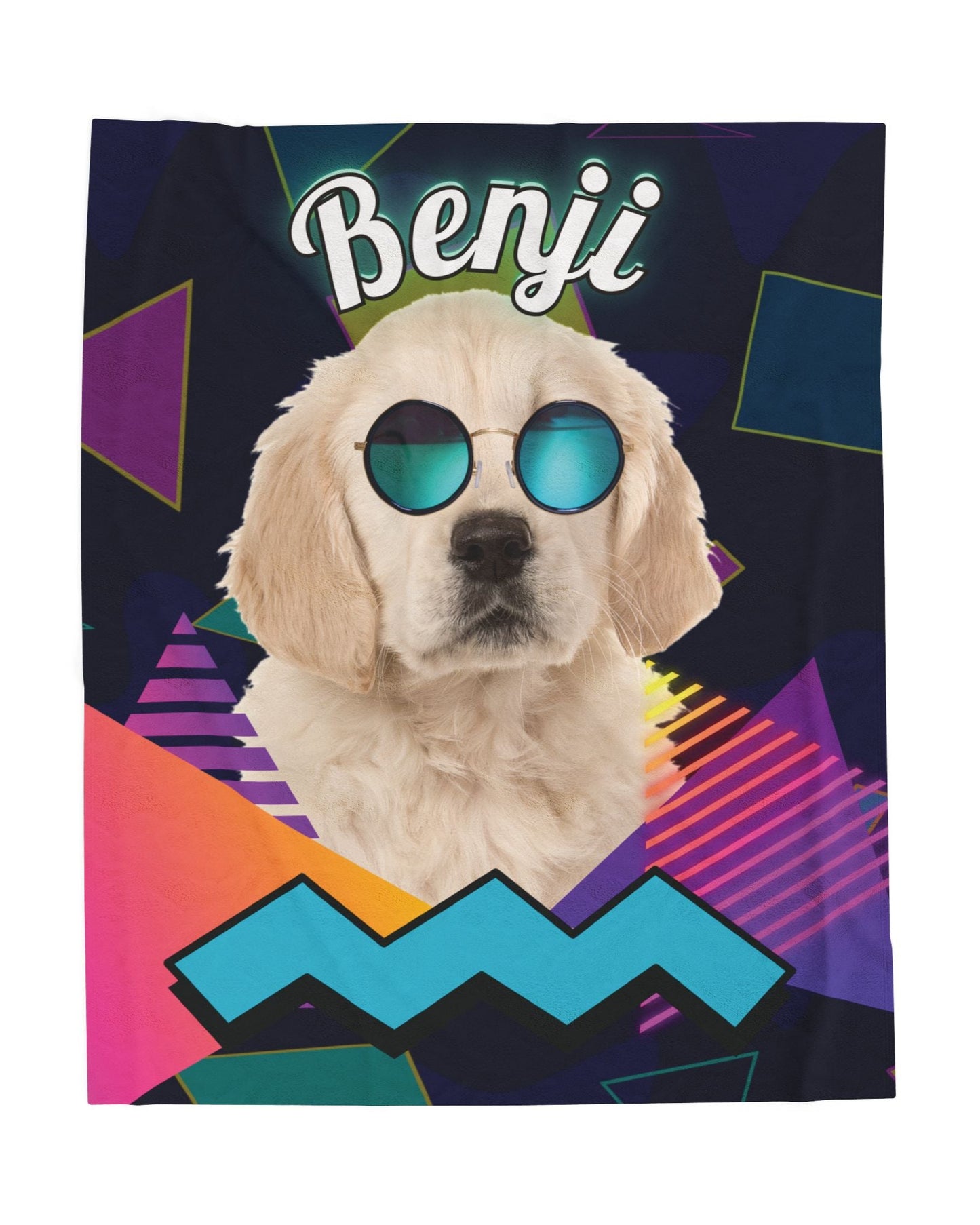 Personalized retro dog blanket featuring Benji in blue mirrored sunglasses with neon 80s-style geometric background and custom name at the top