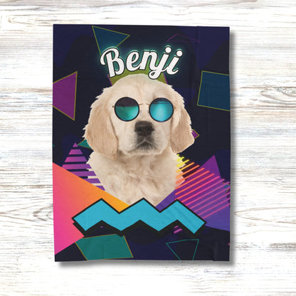Personalized retro-style dog blanket with Benji wearing sunglasses, displayed on light wood surface with colorful neon geometric background