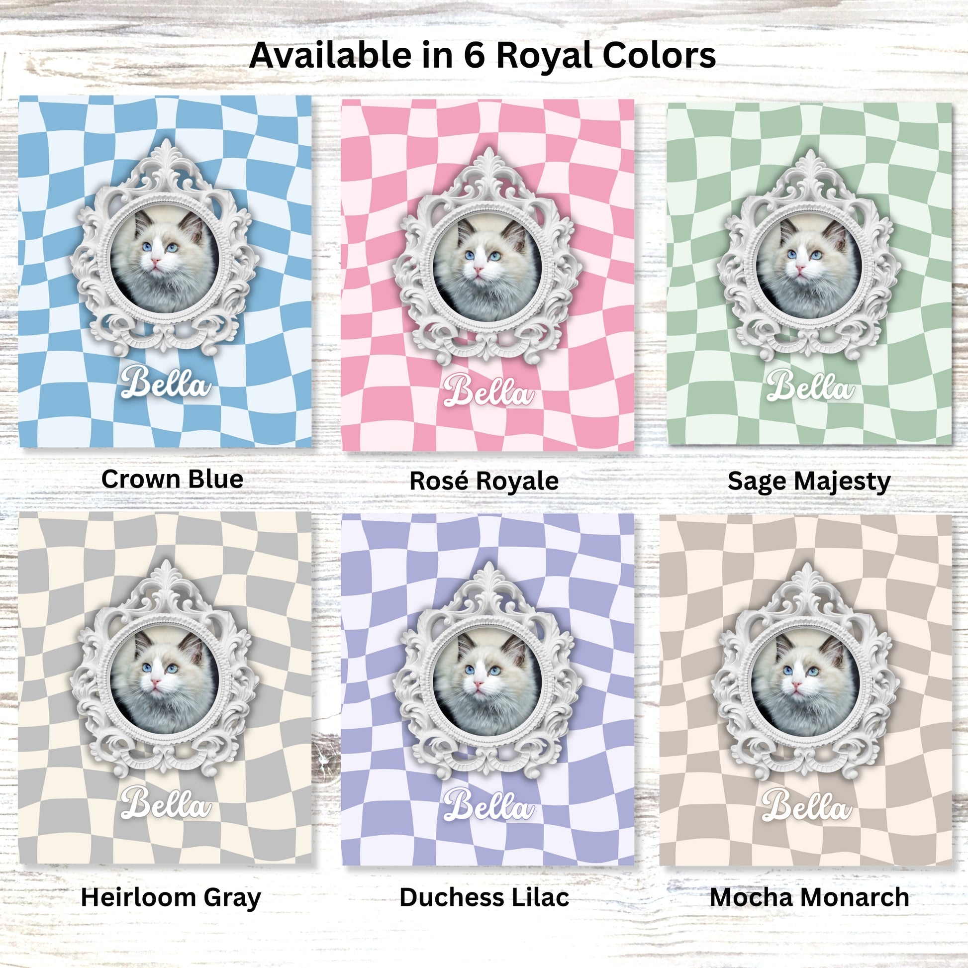 Available in six royal colors: Crown Blue, Rosé Royale, Sage Majesty, Heirloom Gray, Duchess Lilac, and Mocha Monarch — personalized cat photo blanket options