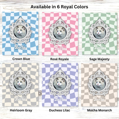 Available in six royal colors: Crown Blue, Rosé Royale, Sage Majesty, Heirloom Gray, Duchess Lilac, and Mocha Monarch — personalized cat photo blanket options