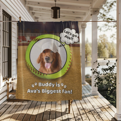 Personalized softball dog blanket featuring Buddy and the phrase “Buddy is Ava’s Biggest Fan,” shown hanging on a porch clothesline with scenic outdoor backdrop — perfect for game day coziness