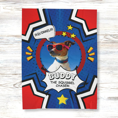 Comic-style personalized dog blanket featuring Buddy with red sunglasses and the phrase “Squirrel Chaser,” displayed on a white wood background
