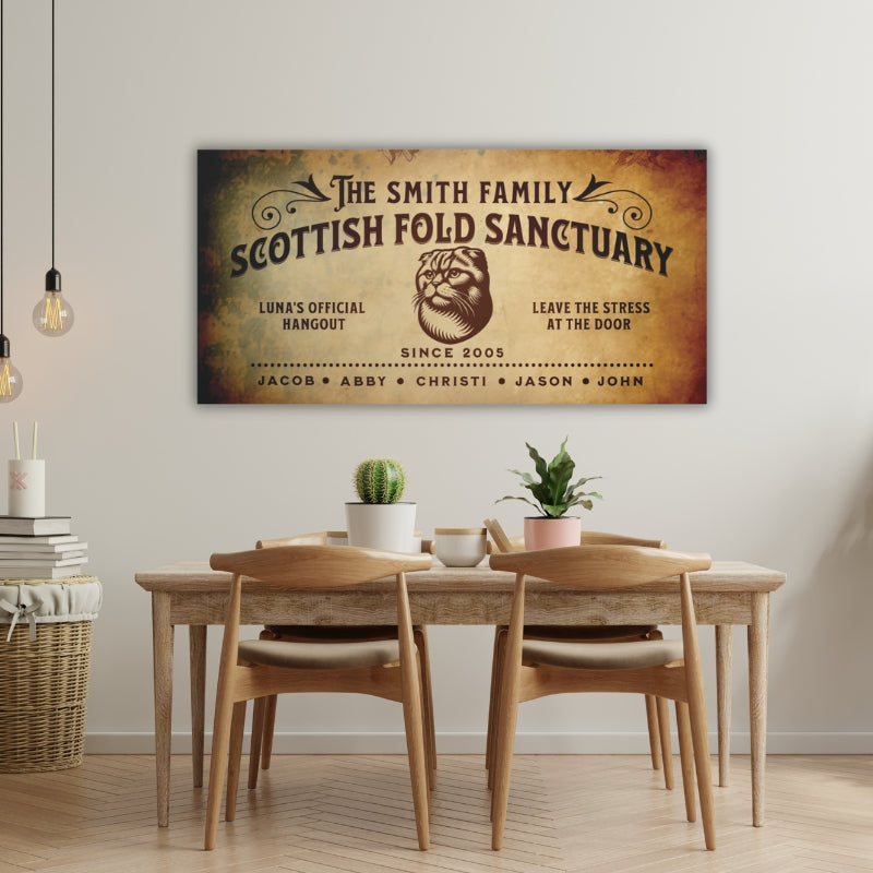 Scottish Fold Sanctuary customizable canvas print, personalized with family names and cat’s name, perfect wall decor for Scottish Fold cat lovers.