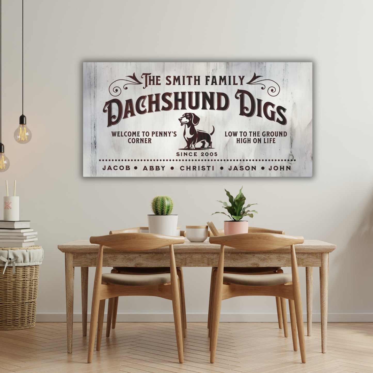 Customizable Dachshund Digs canvas sign, personalized wall art with family names, dog’s name, and est. date, perfect for Dachshund lovers, stylish pet-themed home decor.