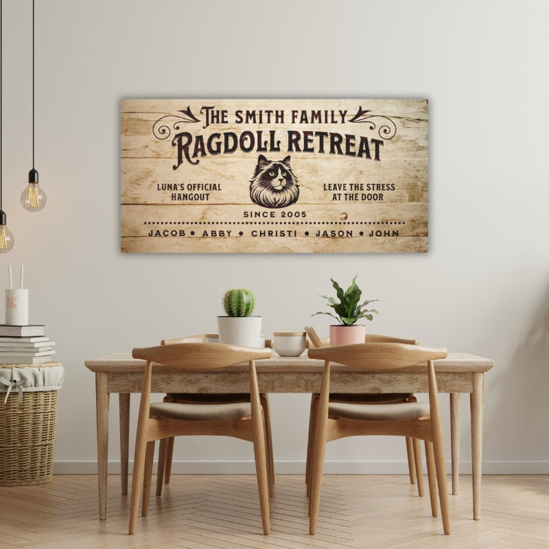 Ragdoll Retreat customizable canvas print, personalized with family names and cat’s name, ideal wall decor for Ragdoll cat lovers.