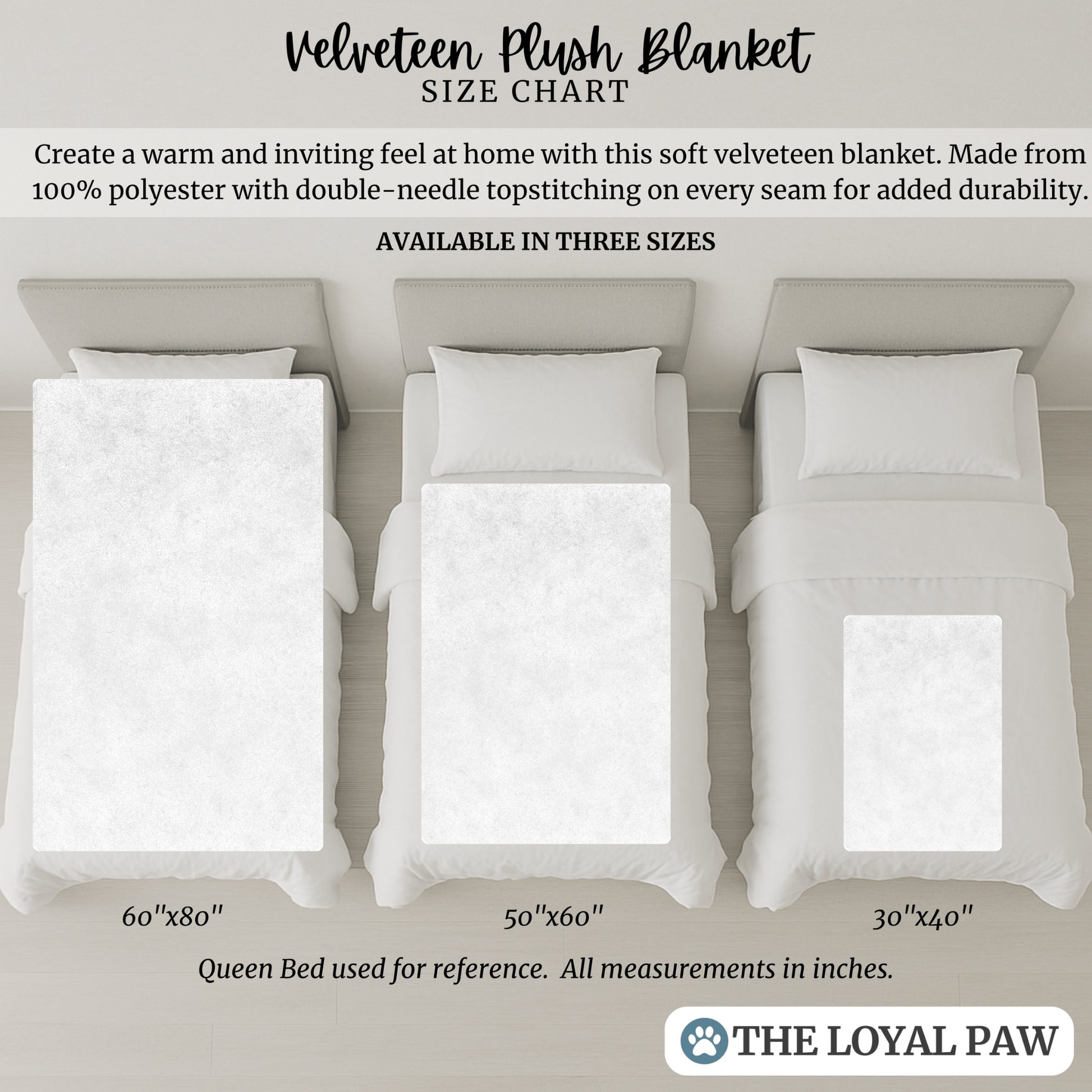 Velveteen plush blanket size chart showing three options—30x40, 50x60, and 60x80 inches—displayed on beds for size reference