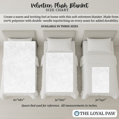 Velveteen pet memorial blanket size chart showing three blanket sizes—60x80, 50x60, and 30x40—displayed on queen-size beds for reference