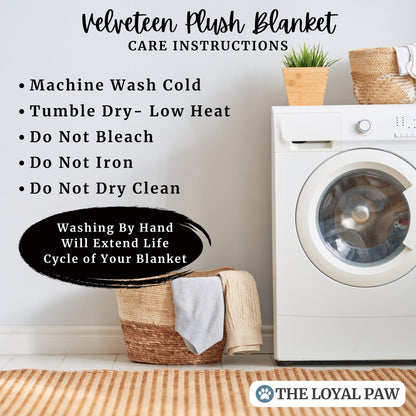 Care instructions for velveteen plush cat memorial blanket, including wash cold, tumble dry low, and hand washing for extended life, by The Loyal Paw