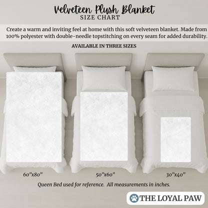 Velveteen plush dog blanket size chart showing small, medium, and large sizes on queen bed for reference