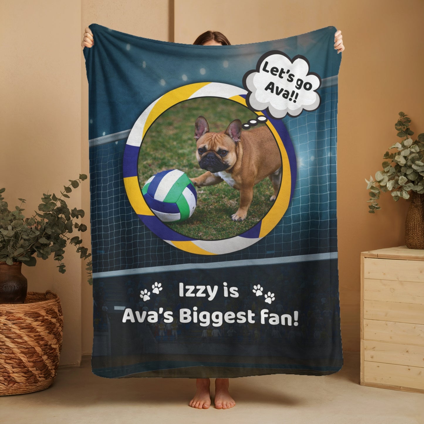 Full view of custom volleyball dog blanket featuring Izzy the French Bulldog, displayed vertically in cozy home setting.