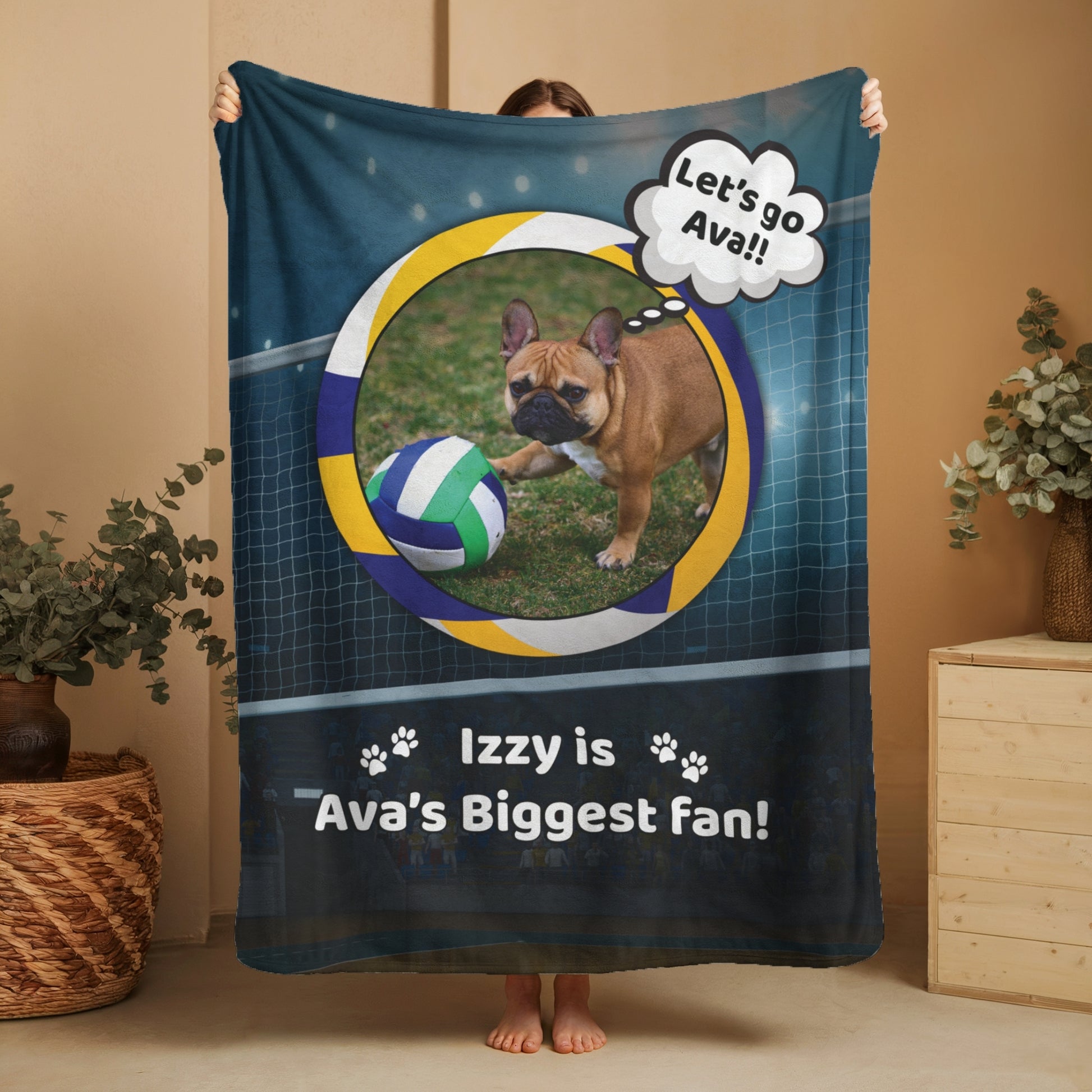 Full view of custom volleyball dog blanket featuring Izzy the French Bulldog, displayed vertically in cozy home setting.