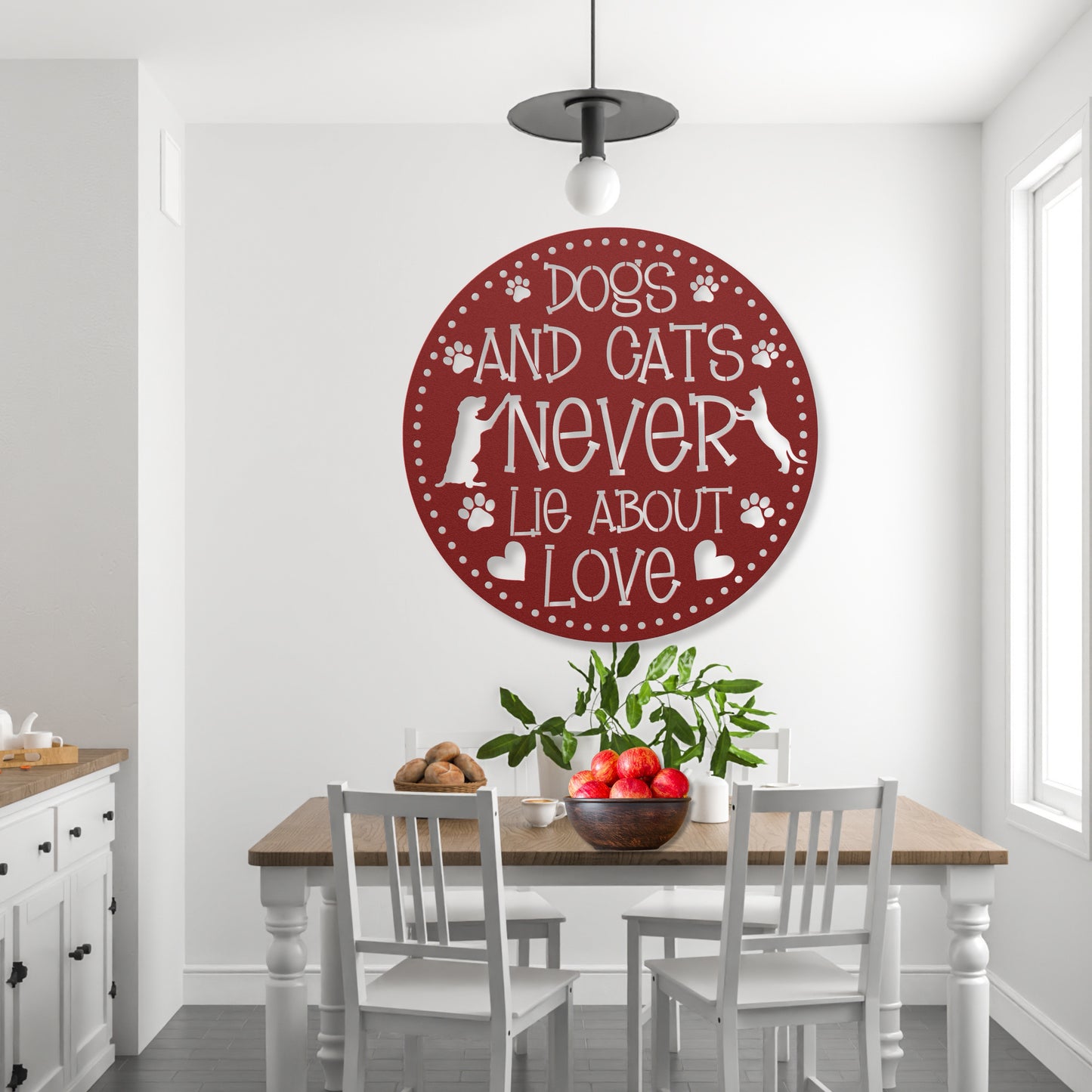 Dogs and Cats Never Lie About Love’ metal sign featuring a loving dog and cat, durable 18-gauge steel wall decor for pet lovers, suitable for indoor or outdoor display. Shown in Red.