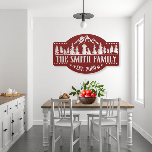 Happy pets in the mountains customizable metal sign, personalized with family name and est. date, durable 18-gauge steel, perfect pet-themed decor for indoor or outdoor display. Shown in Red.