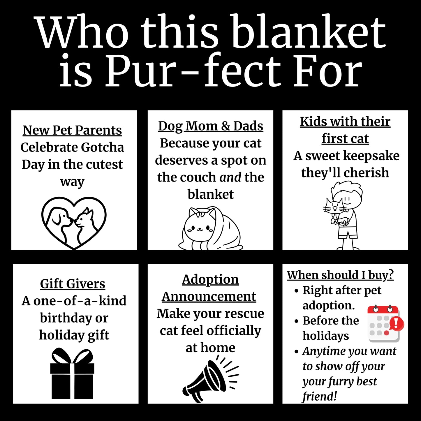 Graphic showing ideal recipients for personalized cat blanket, including new pet parents, kids with first cat, gift givers, and adoption announcements