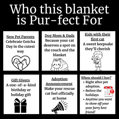 Graphic showing ideal recipients for personalized cat blanket, including new pet parents, kids with first cat, gift givers, and adoption announcements