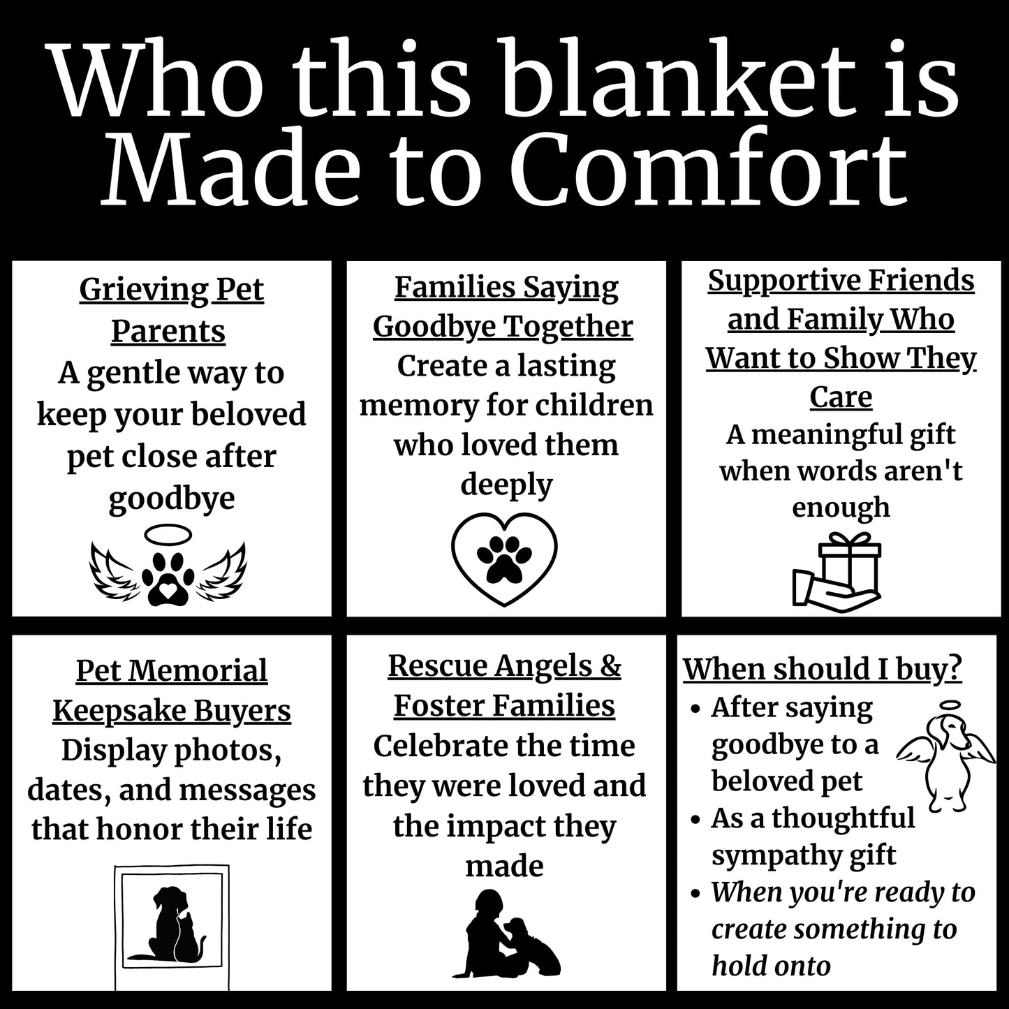 Infographic showing who the cat memorial blanket is made to comfort, including grieving pet parents, families, friends, keepsake buyers, and foster families