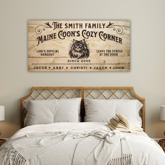 Custom family name, Maine Coon's Cozy corner with a picture of a Main Coon Head, Cat's Name Official Hangout, Leave the stress at the door, established date, and family names.