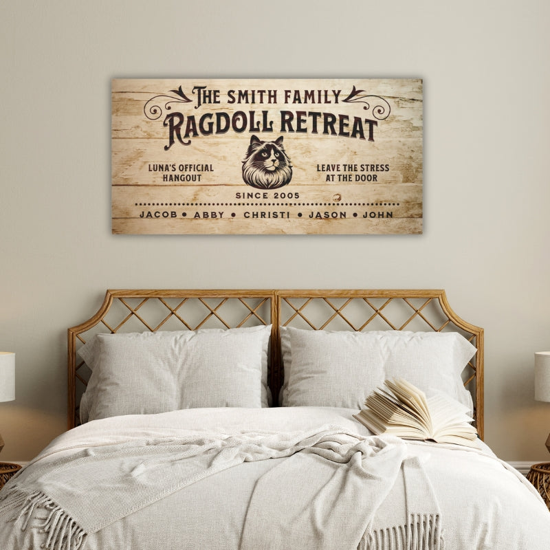 Ragdoll Retreat customizable canvas print, personalized with family names and cat’s name, ideal wall decor for Ragdoll cat lovers.