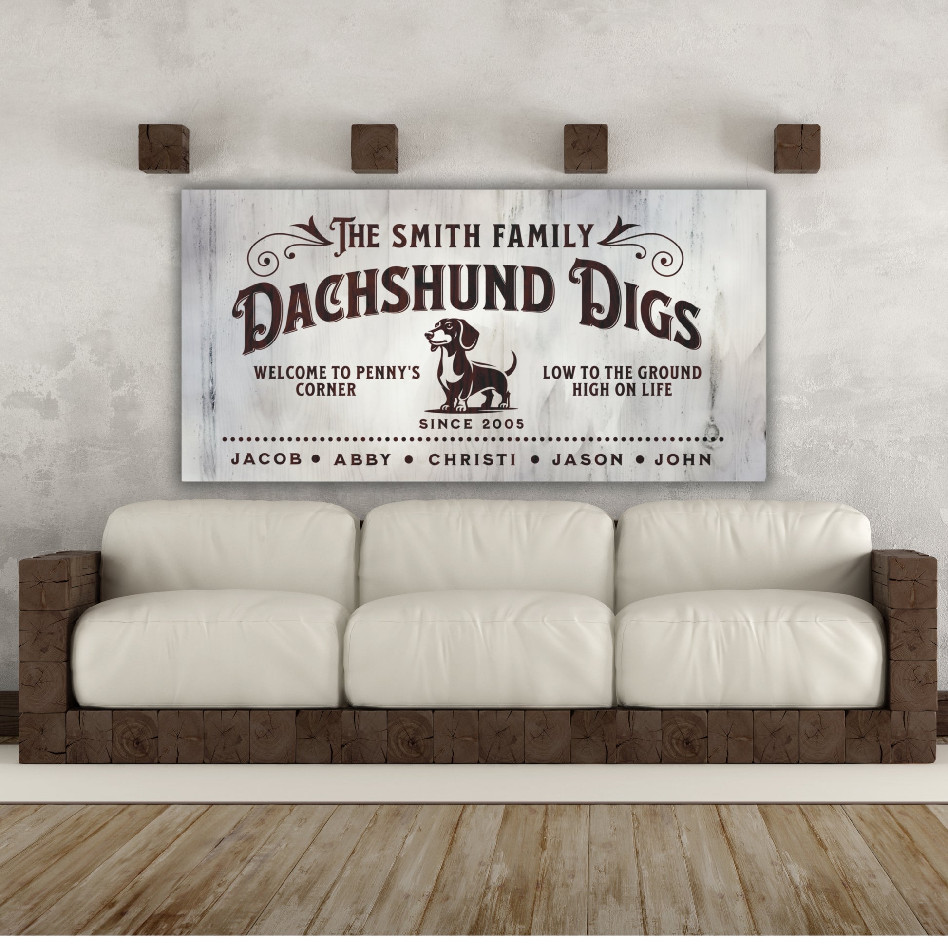 Customizable Dachshund Digs canvas sign, personalized wall art with family names, dog’s name, and est. date, perfect for Dachshund lovers, stylish pet-themed home decor.